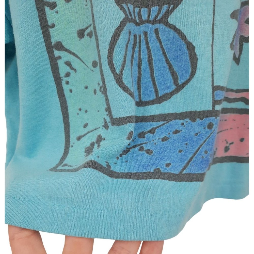 VTG 80s Just On Blue Neon Beach Graphic Crop Tee Half Shirt Shell Sailboat M - Picture 3 of 6